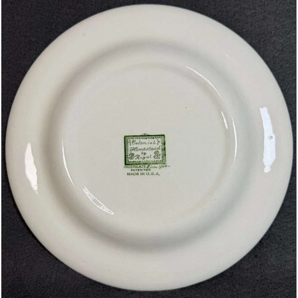 Royal China‎ Colonial Homestead Green Transferware Dinner Plates Set of 2 USA